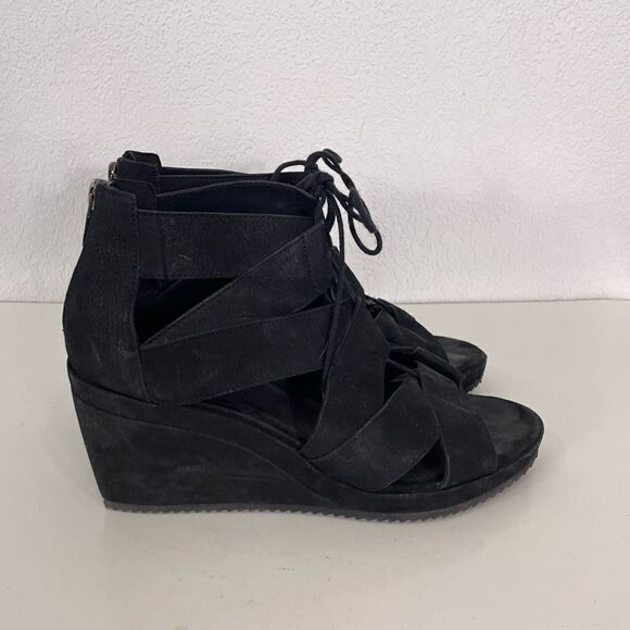 Eileen Fisher Black Cut Out Lace Up Wedge Sandals - Picture 3 of 7